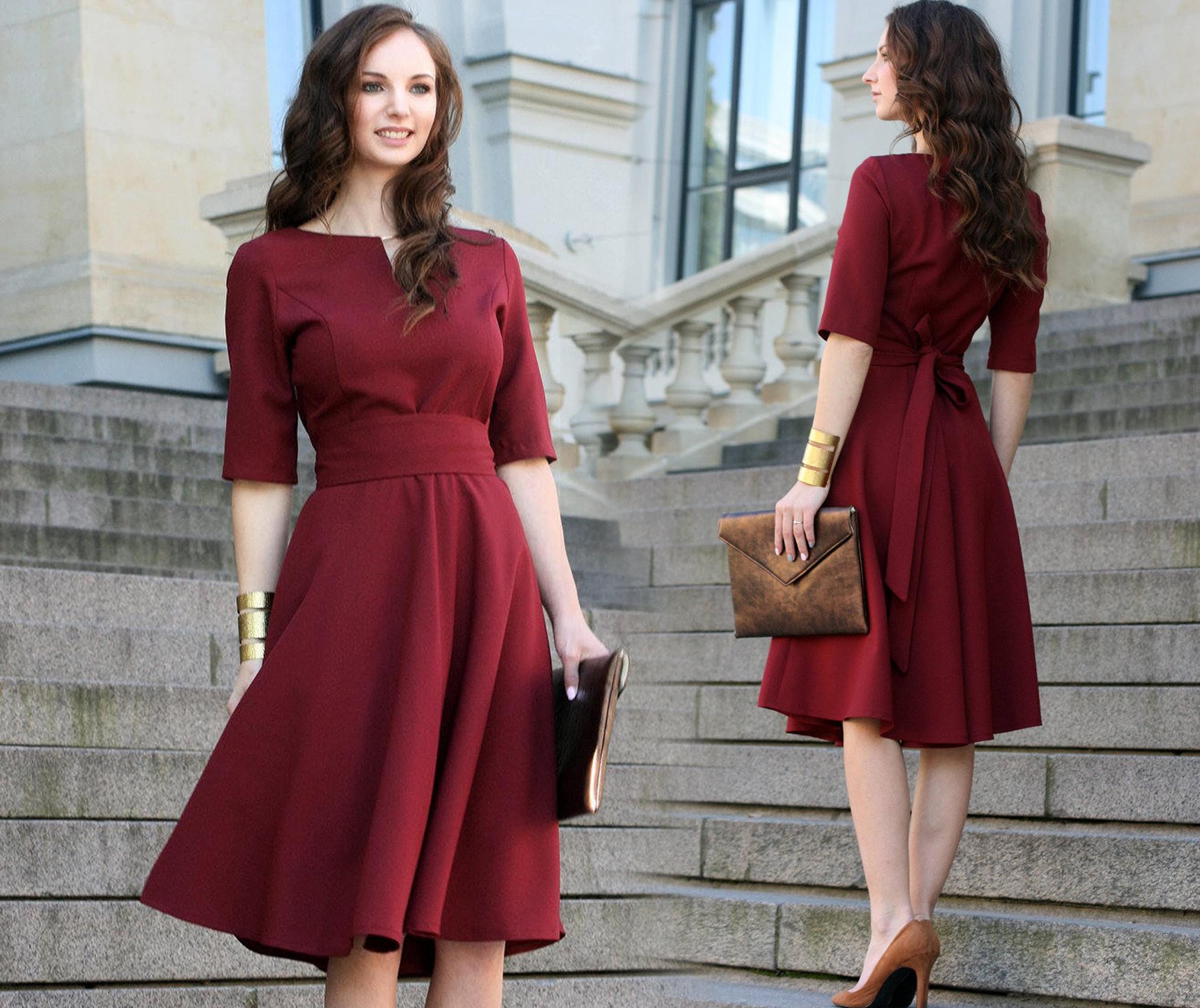 Plus Size Prom Dress: Dark Red Circle Skirt, V-Neck Polyester