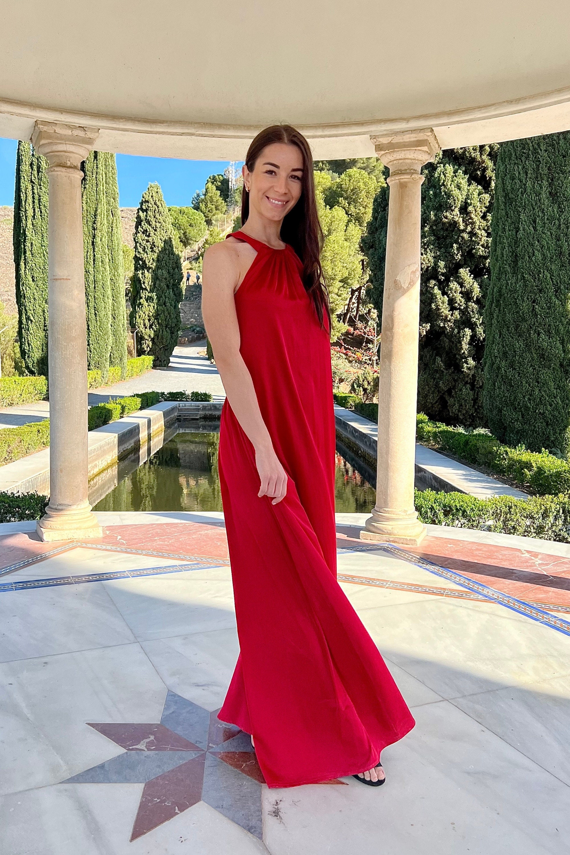 red evening dress size 20 Final Sale Plus Size V-Neck Gown with Puffed Sleeves in Red Velvet