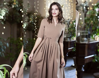 Vestido largo plisado marrón con mangas tres cuartos, vestido de noche formal de tallas grandes con forro, XS-5XL