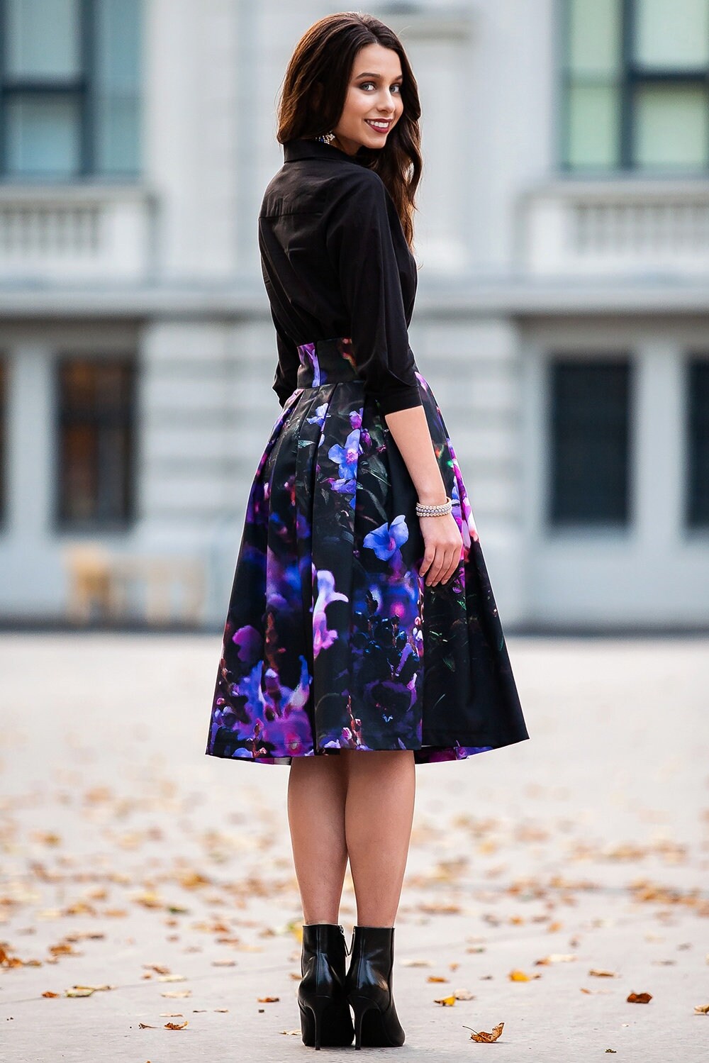 【PORTERNA】Anne Flower Mid-Length Skirt Floral Printed Skirt, High Waist Skirt, Plus Size Clothing