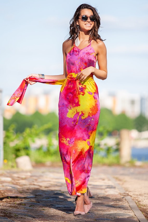 colorful summer dresses Banana Beach Dress - Vibrant Dress | Playful Design There are Fashionable short sleeves Boho Watercolor Ruffle Maxi Dress
