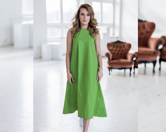 Green Cotton Dress, Summer Midi Dress, Minimalist Dress, Plus Size