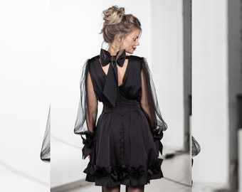 Robe élégante en satin noir, Robe de cocktail, Robe de soirée pour les Fêtes, Robe du Nouvel An, Petite robe noire, Robe d'invitée de mariage, Vêtements grande taille