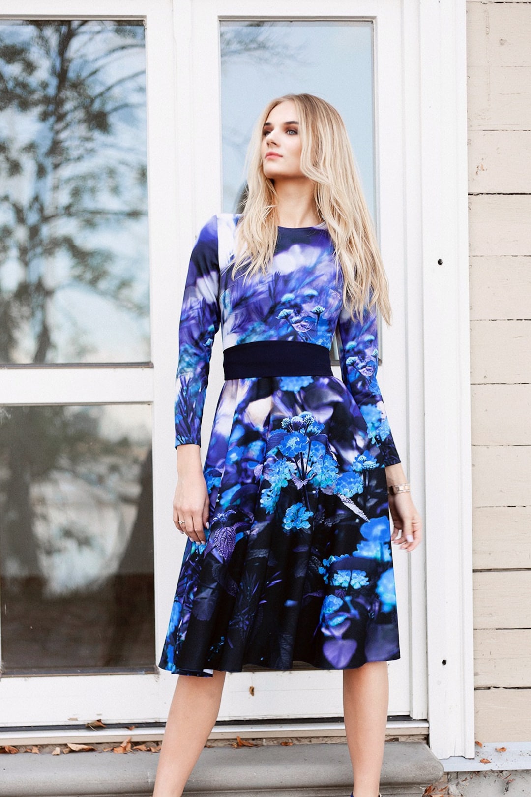 blue floral dress with sleeves Good Intentions Navy Midi Dress, X-Large - The Mint Julep Boutique perfect for whatever the day brings Blue Floral Midi Summer Dress