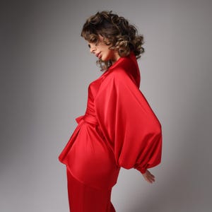 Long Red Satin Blouse , V-Cut Neckline, Long Sleeve Blouse, Women Office Wear, Formal Wear, Plus Size Clothing
