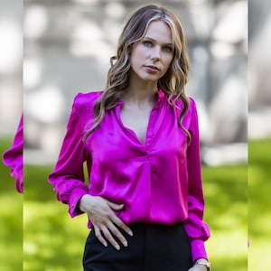 Fuchsia Pink Blouse, Women Cocktail Shirt, Long Sleeve Blouse, V Neck Top, Cuffed Blouse, Party Clothing, Formal Wear, Plus Size Clothes