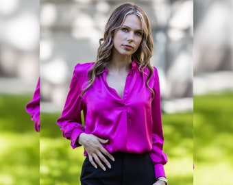 Fuchsia Pink Blouse, Women Cocktail Shirt, Long Sleeve Blouse, V Neck Top, Cuffed Blouse, Party Clothing, Formal Wear, Plus Size Clothes