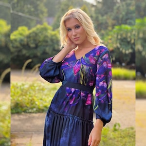 Blue-Gray Chiffon Dress, Long Sleeve Dress, Women Midi Dress, Floral Midi Dress, Chiffon Dress, Boho Dress, Evening Dress, Plus Size