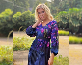 Gray Purple Iris Print Chiffon Midi Dress, Long Sleeves, Ruffle Hem, Wedding Guest Dress, Painted Floral, Made to Order, XS-5XL