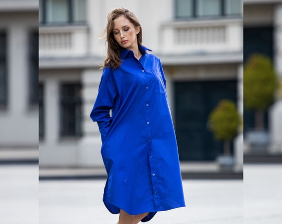 blue collared shirt dress Organic Cotton Oversized with Pockets, Plus Size Long Sleeve Button Up Tunic Dress, XS-5XL very fitted at natural