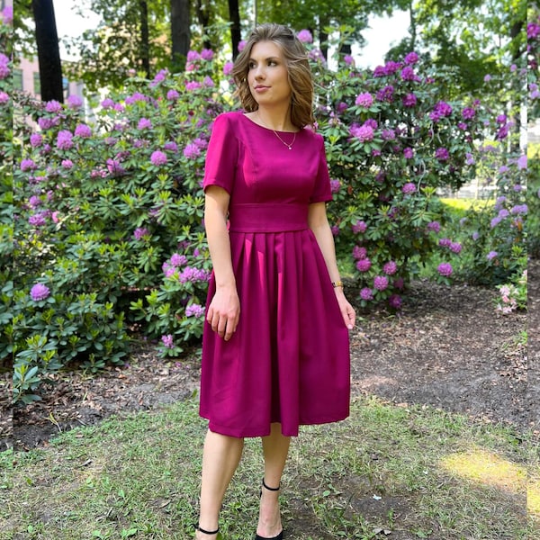 A-Line Dress, Wild Aster Color Women Dress, Fit And Flare Dress, Bridesmaid Gown, Wedding Guest Dress, Plus Size Clothing, Tea Length Dress