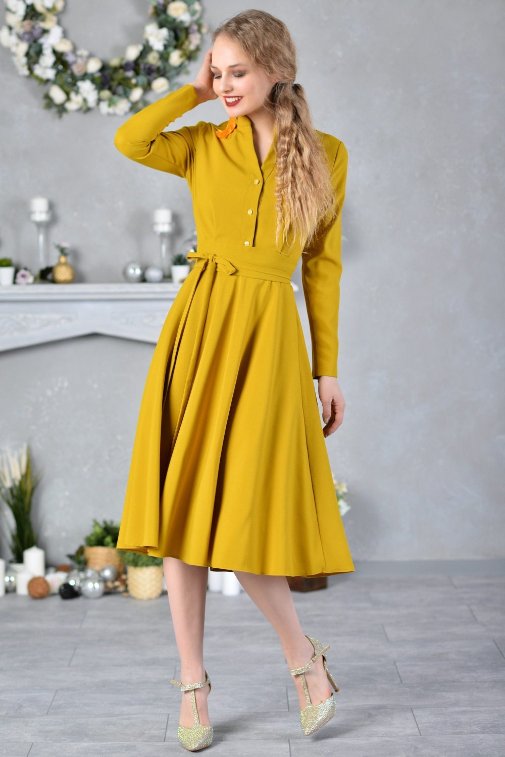 Women Mustard Dress Swing Dress Retro Dress Flare Dress | Etsy