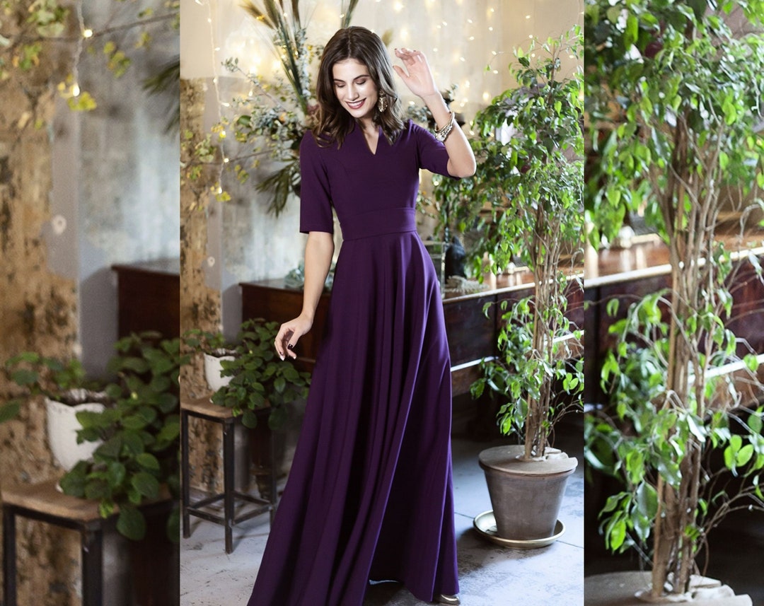 knee length dresses for ladies Purple Fit and Flare Long Velvet Dress – The Svaya