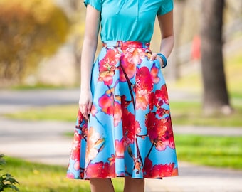 Summer Skirt with sakura,  Plus Size Clothing, A Line Skirt, Midi Skirt,Knee Length Skirt, Loose Skirt, Plus Size Skirt, Printed Skirt