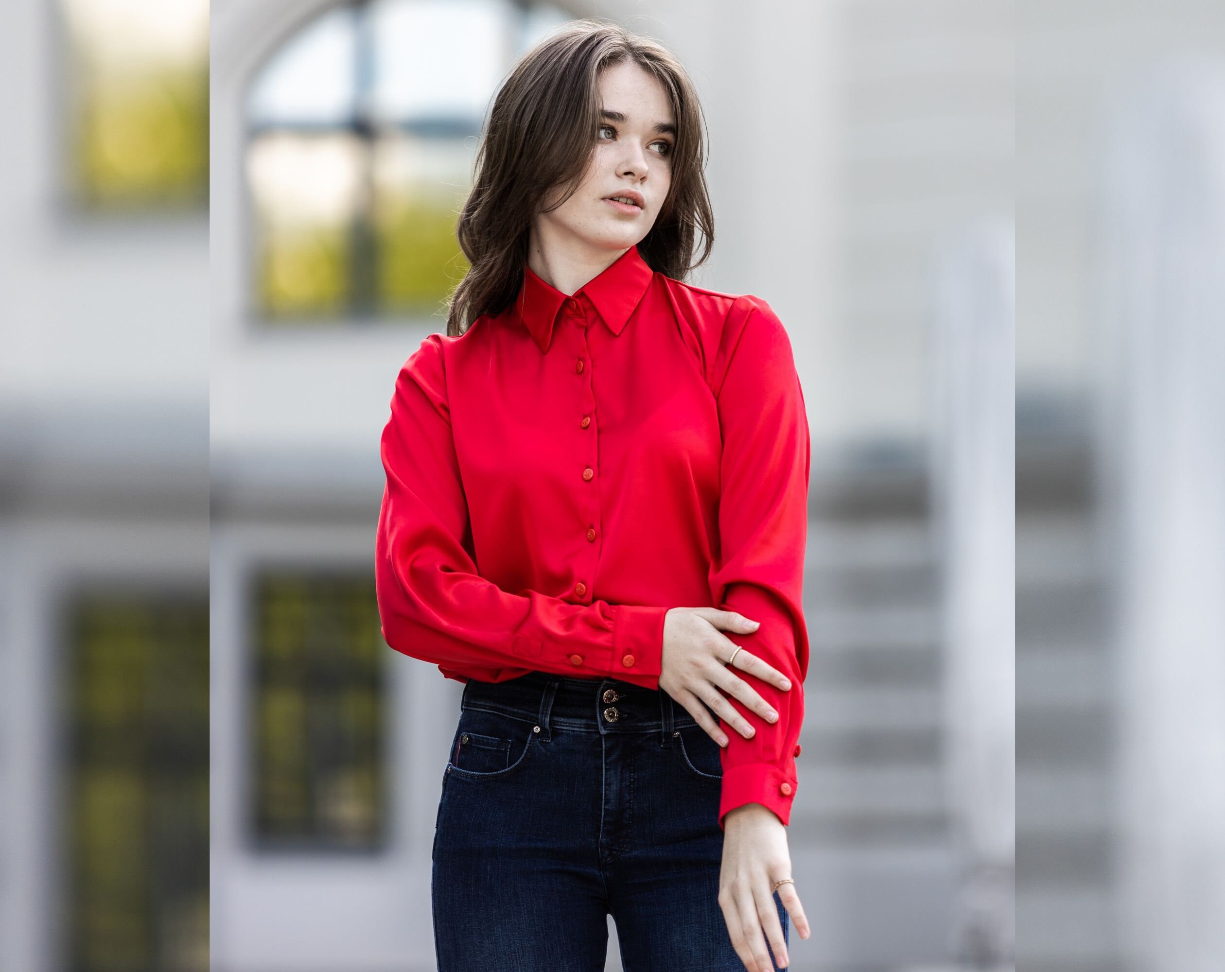 Red Women Blouse, Long Sleeve Collared Top, Women Button Up Shirt, Secretary Blouse, Office Wear For Women, Formal Blouse,Plus Size Clothing