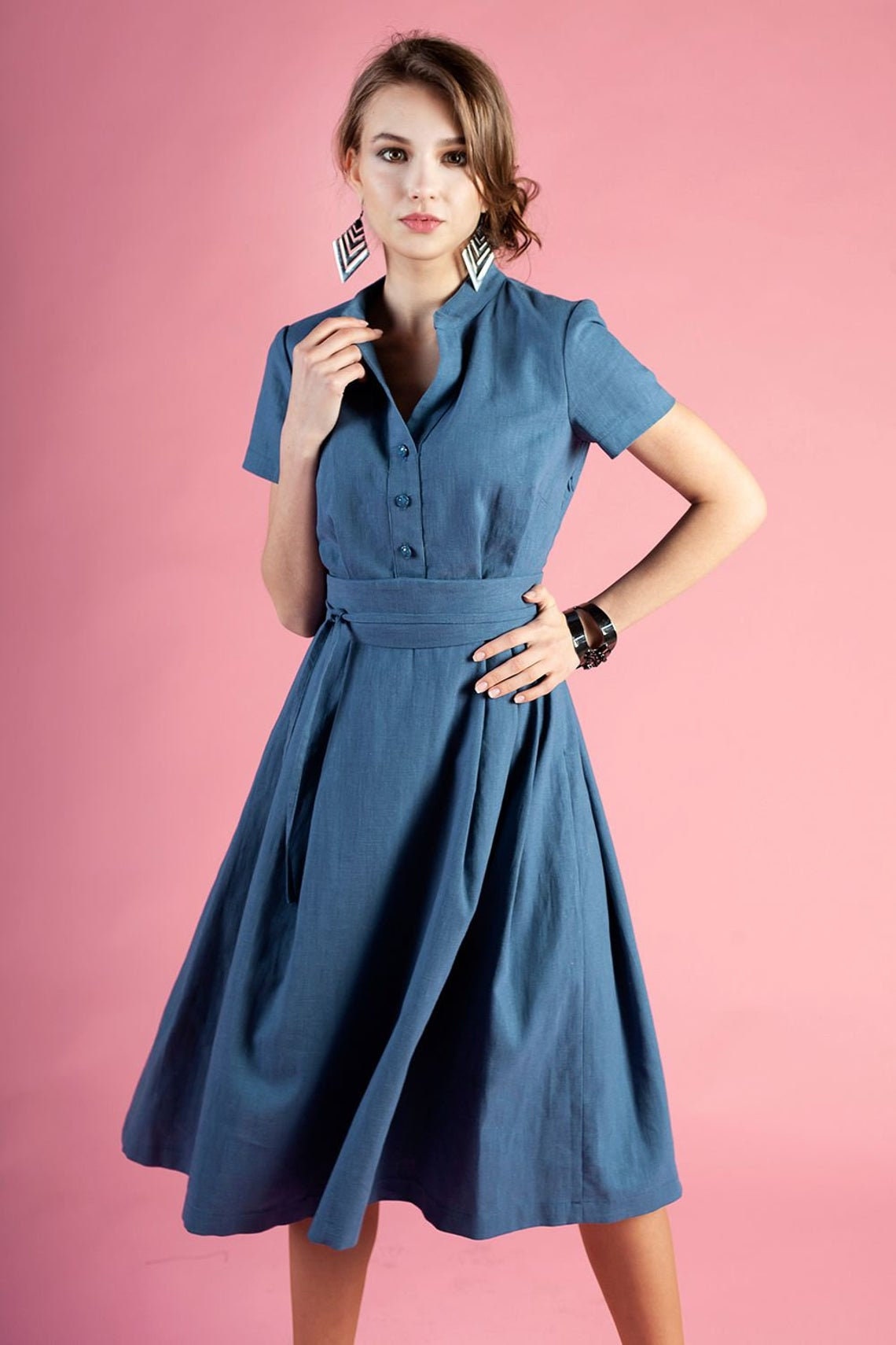 blue knee length summer dress Dark Linen Midi with Stand Up Collar, Short Sleeve Shirt Dress, Plus Size Linen Dress, Navy Blue, XS-5XL YGroup_DN5D9004