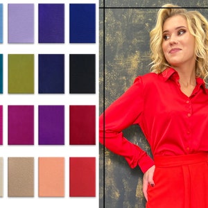 Red Women Blouse, Long Sleeve Collared Top, Women Button Up Shirt, Secretary Blouse, Office Wear For Women, Formal Blouse,Plus Size Clothing
