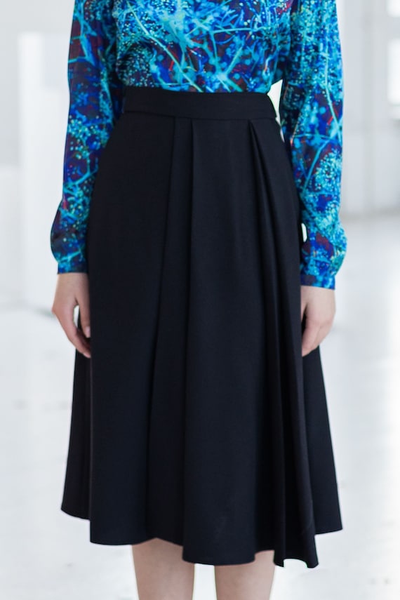 Pleated Midi Skirt, Plus Size Skirt, High Waist Skirt, Black