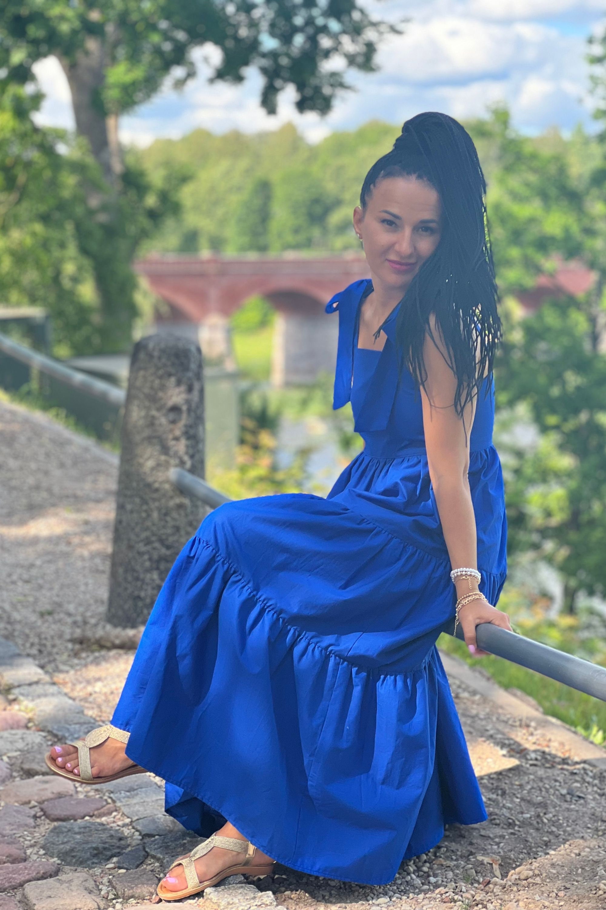 bright blue cotton dress Sky Blue Cotton Gauze Ruffle Midi Dress