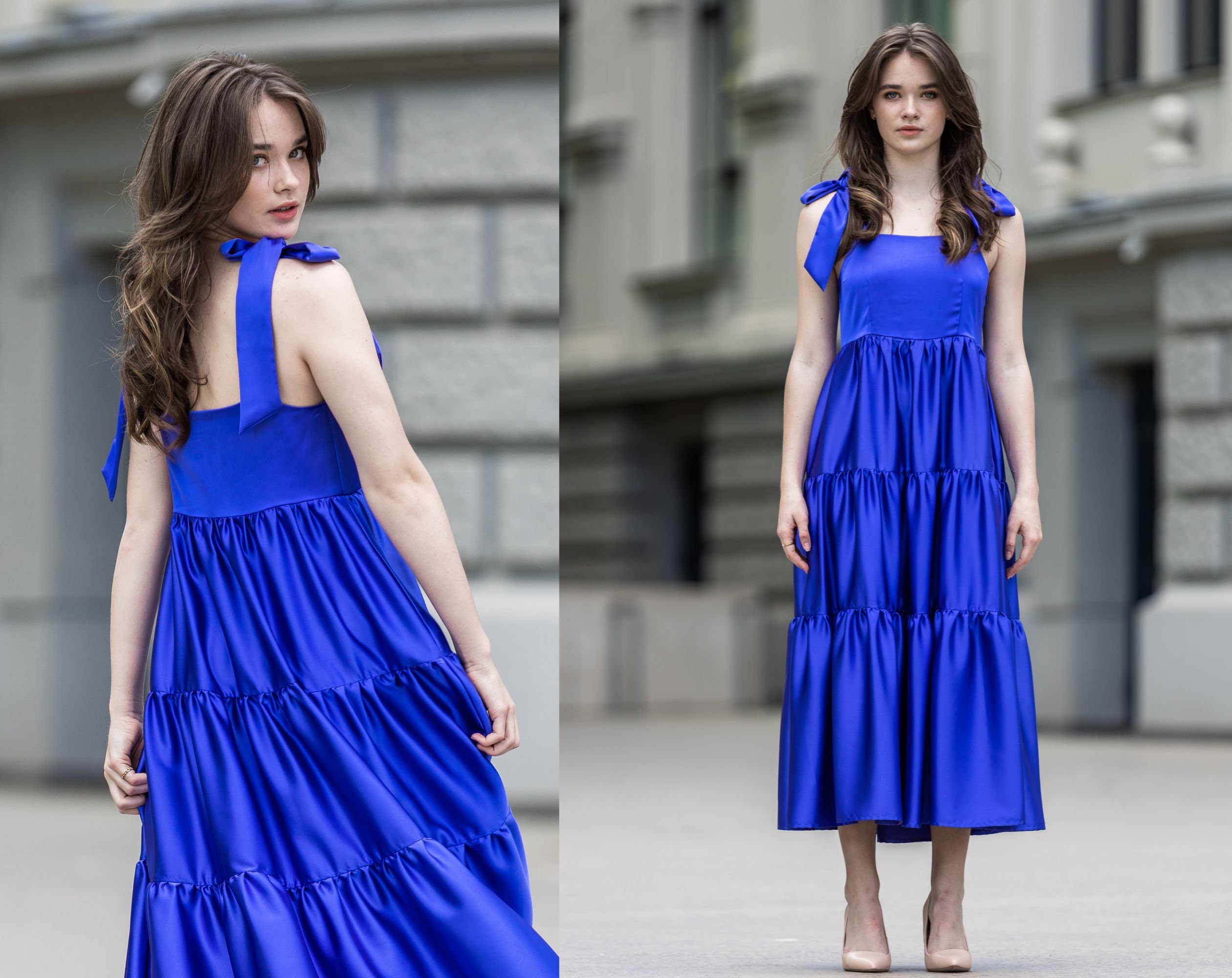 midi linen dress blue stripe Red Dress | Navy & Light Blue Stripe Strapless Midi Dress main image 0
