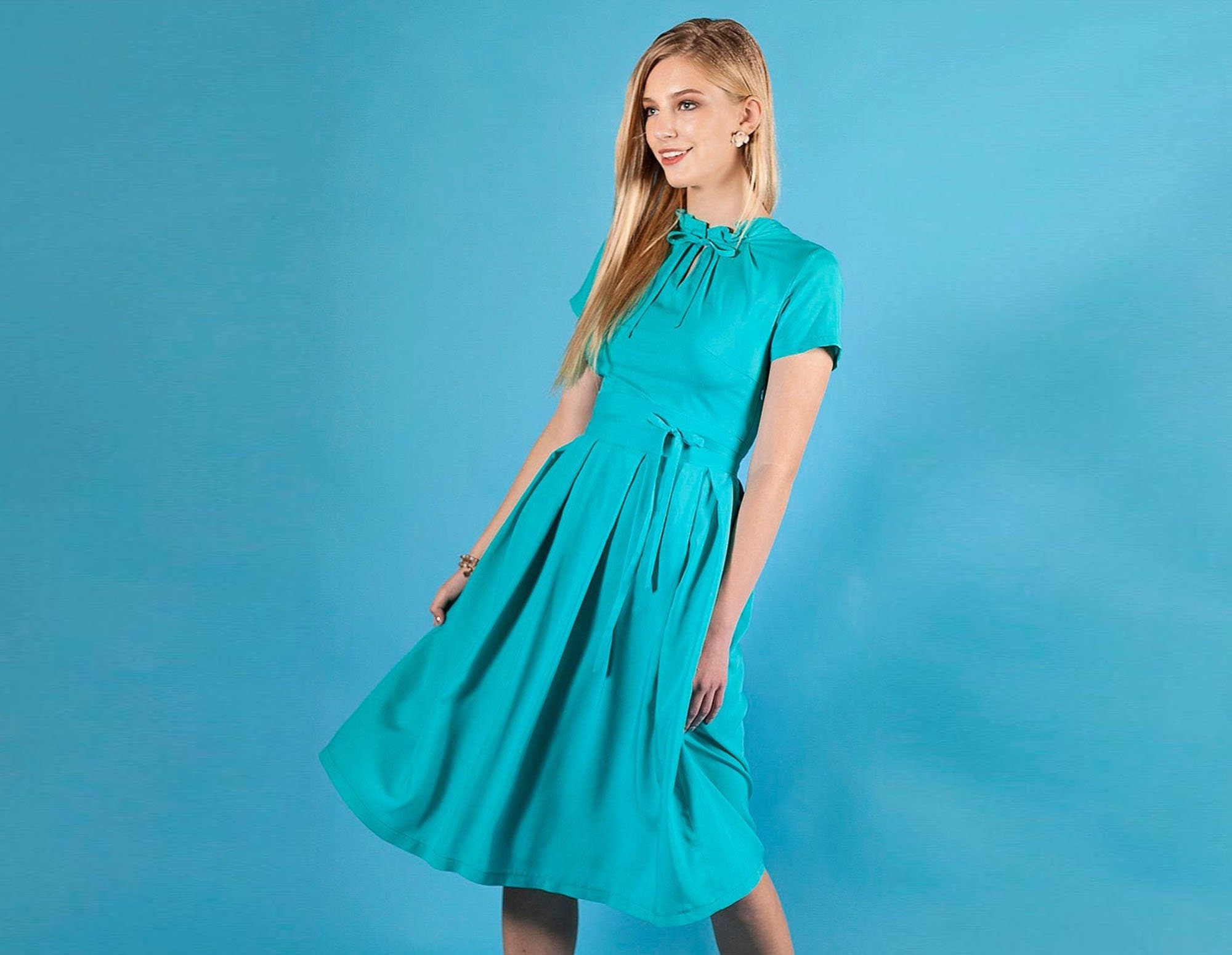 Turquoise Dress Front Bow Dress Teal Dress Plus Size | Etsy Ireland