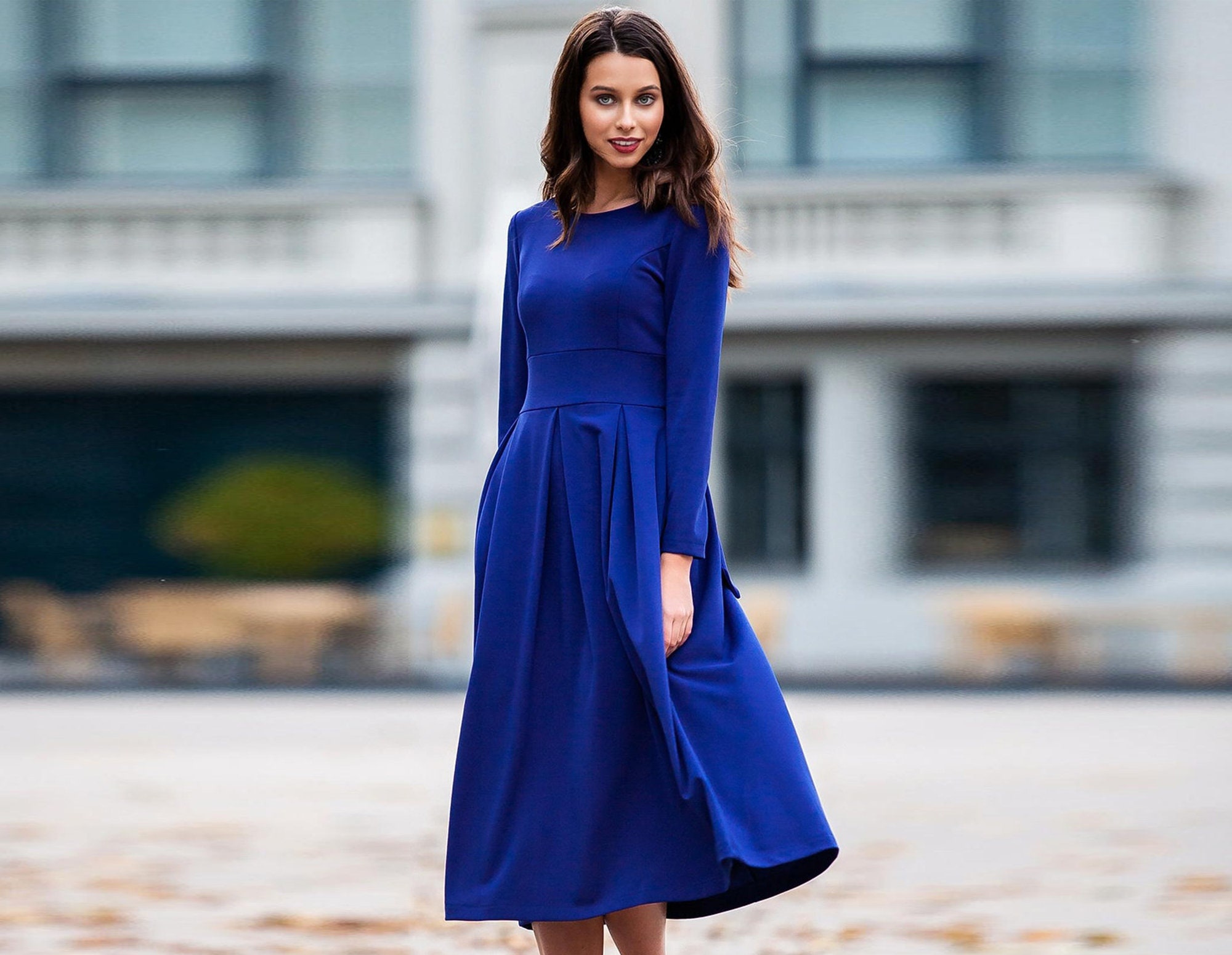 Royal Blue Dress Winter Midi Dress Long Sleeve Dress Plus | Etsy
