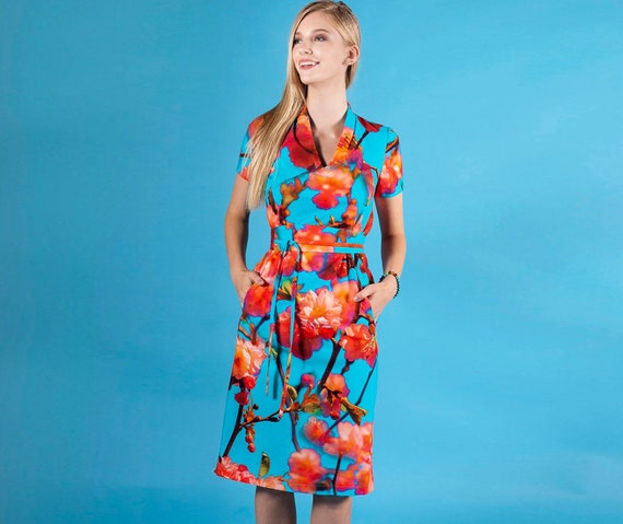 Floral Blue Dress, Midi Dress, Plus Size Clothing, V Neck Dress, Short Sleeve Dress, Collar Dress, Belted Dress, Summer Dress, Elegant Dress Floral Blue Dress, Midi Dress, Plus Size Clothing, V Neck Dress, Short Sleeve Dress, Collar Dress, Belted Dress, Summer Dress, Elegant Dress