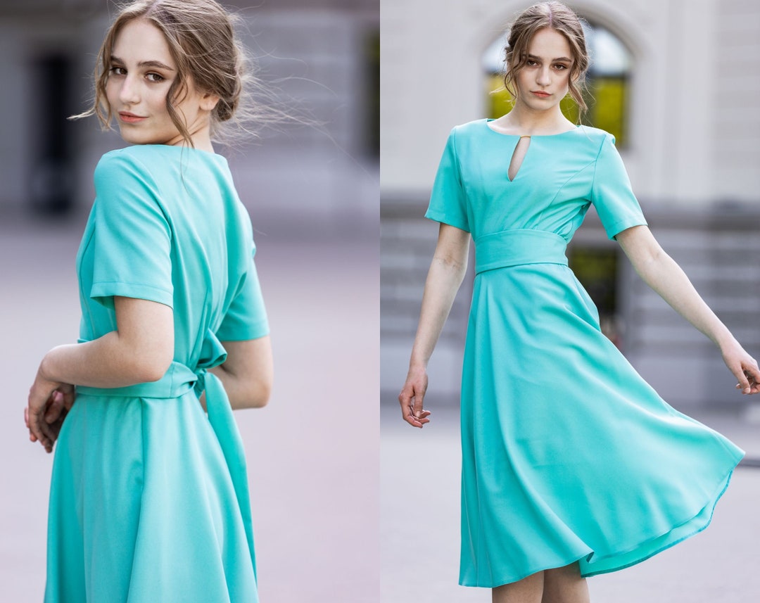 Turquoise Tea Length Dress, Wedding Guest Dress, Mother of the Bride ...