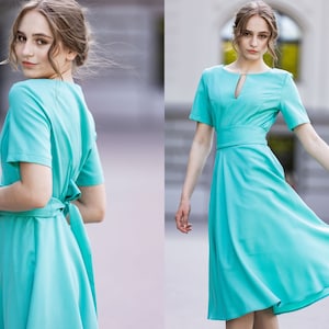 Turquoise Tea Length Dress, Wedding Guest Dress, Mother Of The Bride Dress, Cocktail Dress, Minimalist Dress, Bridesmaid Dress, Summer Dress