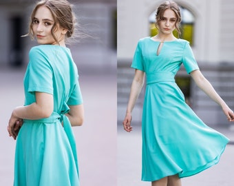 Vestido turquesa largo hasta la rodilla, vestido de invitada de boda, vestido de madre de la novia, vestido de cóctel, vestido minimalista, vestido de dama de honor, vestido de verano