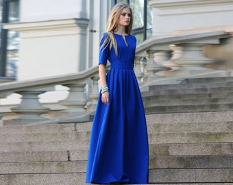 Women Formal Dress, Evening Dress, Royal Blue Maxi Dress, Long Pleated Dress, Plus Size Clothing, High Waist Dress, Cocktail Dress, Elegant