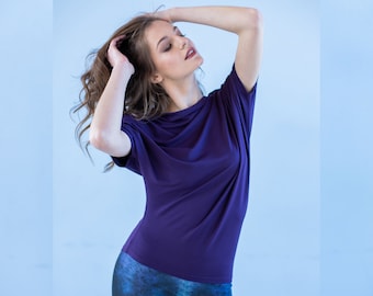 Purple top, Short sleeve shirt, Elegant top for ladies, Asymmetrical top, Yoga shirt, Sustainable clothing, Plus size clothes, Women top