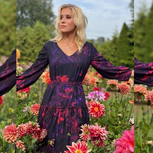 Dark Purple Chiffon Dress, Long Sleeve Dress, Women Midi Dress, Purple Midi Dress, Chiffon Dress, Boho Dress, Evening Dress, Plus Size