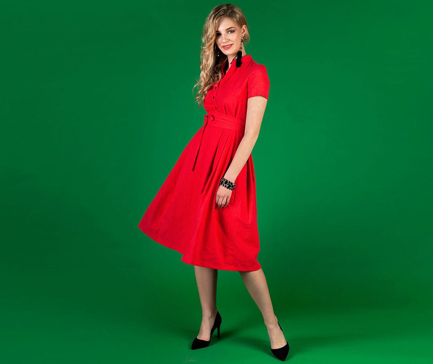high waisted a line dress Linen Midi Skirt – High-Waisted A-Line skirt with Pockets 5740 – Xiaolizi