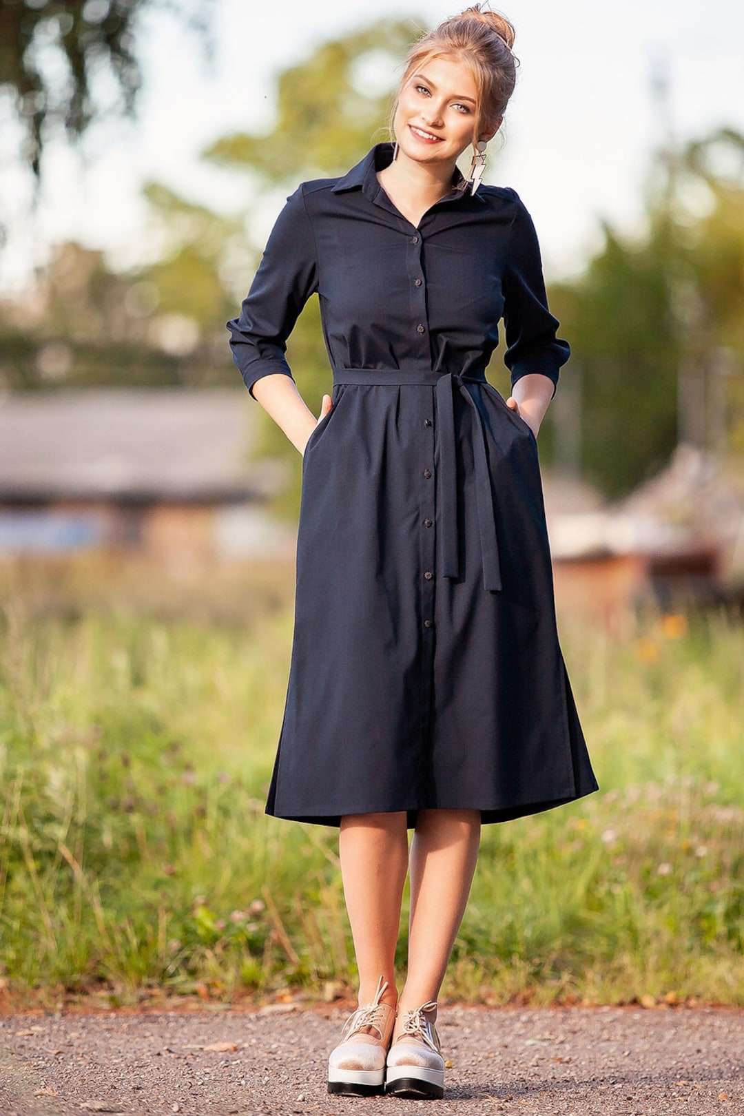 fitted lace wedding dress Current Air Women's Belted Buttondown Shirt Dress Forest Green / S main image 0