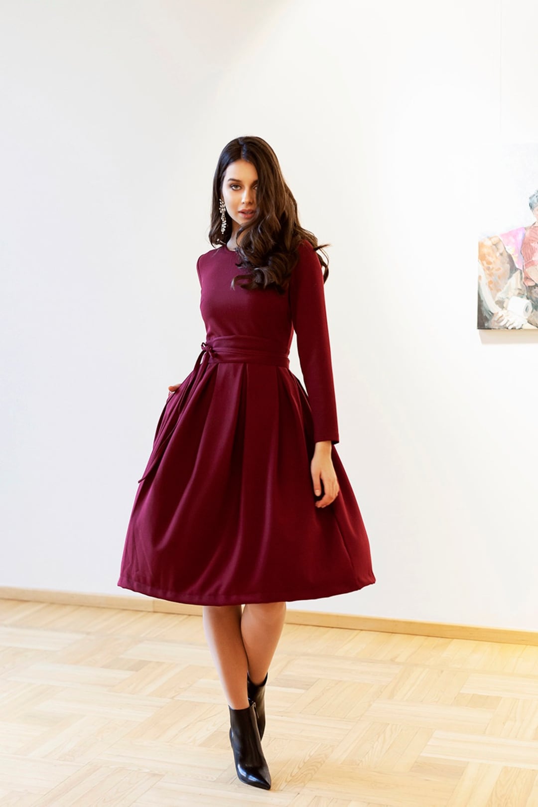 holiday cocktail dresses long sleeve Dark Red Dress with Pockets, Belted Knee Length Dress, Plus Size Burgundy Party Dress, Christmas Evening Dress, XS-5XL formal holiday party dresses Angel Maternity Thea Short Classic Exquisite Solid Teak Wood Dressing Table 30% polyester color:olive green
