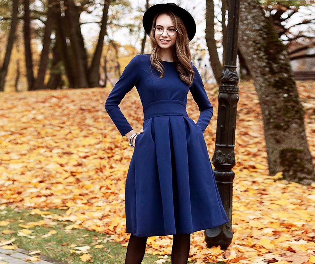Robe bleu foncé, Robe de soirée, Robe plissée, Vêtements grande