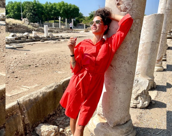 Coral Shirt Dress, Summer Collar Dress, Cotton Buttoned Dress, Plus Size  Clothing, Minimalist Dress With Belt, Long Sleeve Dress, Oversize - Etsy  Canada