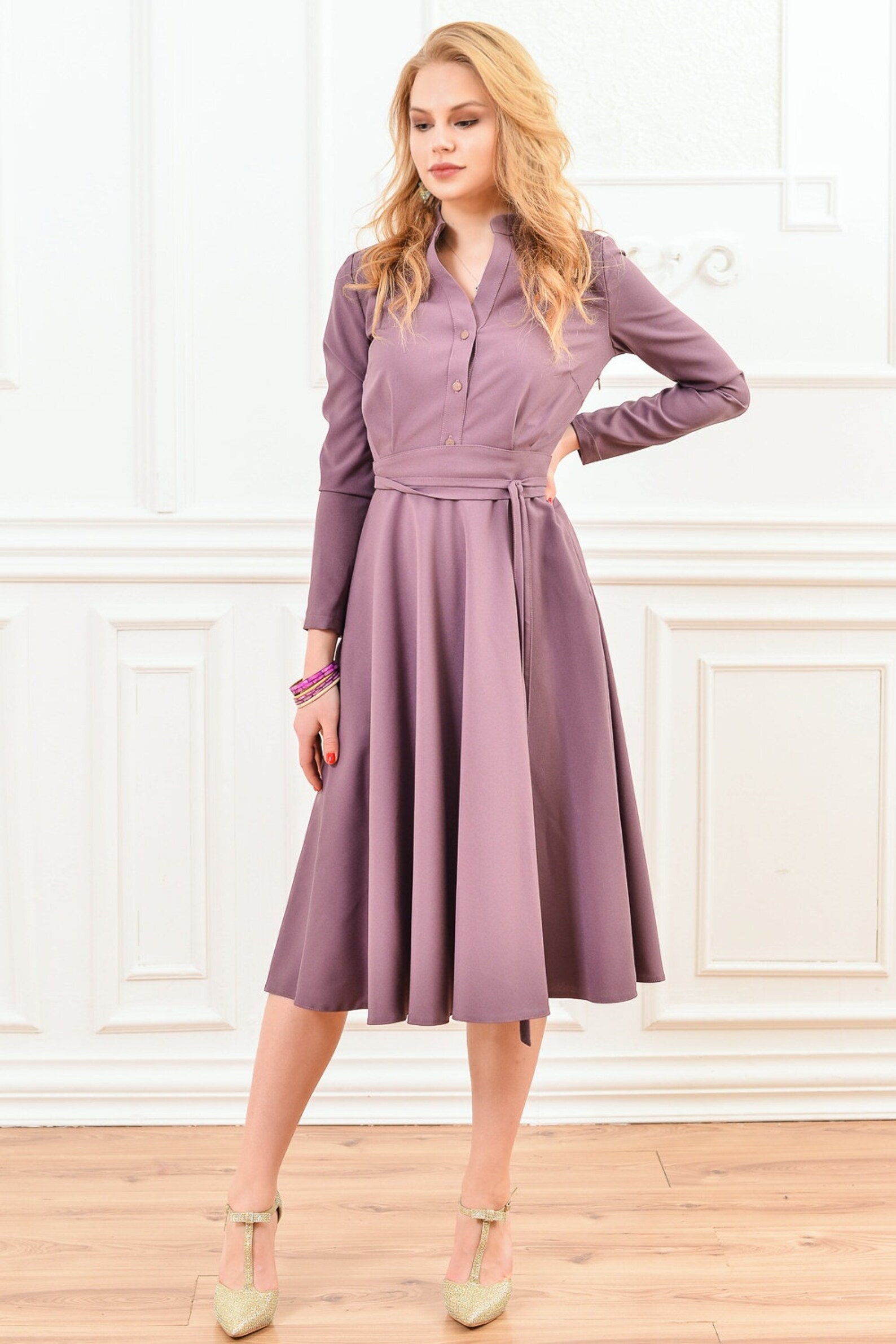 Light Purple Dress Women Midi Dress Shirt Dress Collar Etsy