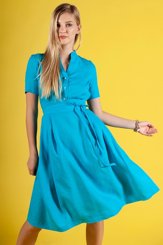 turquoise linen shift dress Vintage 1960's Embroidered Turquoise Blue Linen Shift Dress - Small