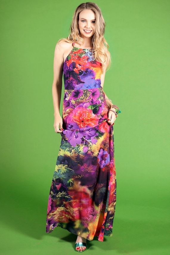 Halter Maxi Dress, Printed Dress, Plus Size Dress, Wedding Guest Dress, Cocktail Dress, Sleeveless Dress, Elegant Dress, Formal Gown