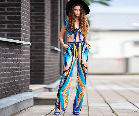 Blue Print Bohemian Style Baggy Pants