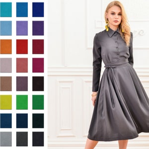 Grijze shirtjurk, jurk met lange mouwen, prairiejurk, swingjurk, vintage stijljurk, bescheiden jurk, jaren 1950 jurk, elegante jurk, kraag
