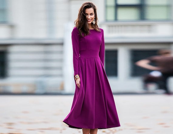 Long Sleeve Dress, Back Bow Dress, Plum Dress, Plus Size Clothing, Dress For Women, Midi Dress, Pleated Dress, Romantic Dress, Winter Dress