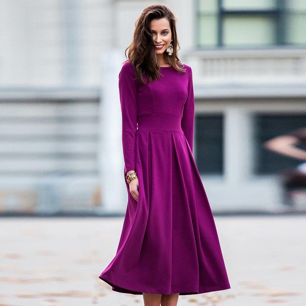 Long Sleeve Dress, Back Bow Dress, Plum Dress, Plus Size Clothing, Dress For Women, Midi Dress, Pleated Dress, Romantic Dress, Winter Dress