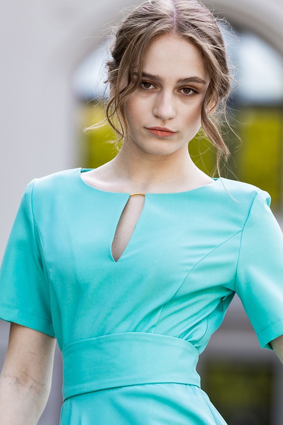 turquoise semi formal dresses Tea Length Dress With Pleated Circle Skirt, Plus Size Mother of the Bride Dress With Mid Sleeves, XS-5XL INSTOCK-3