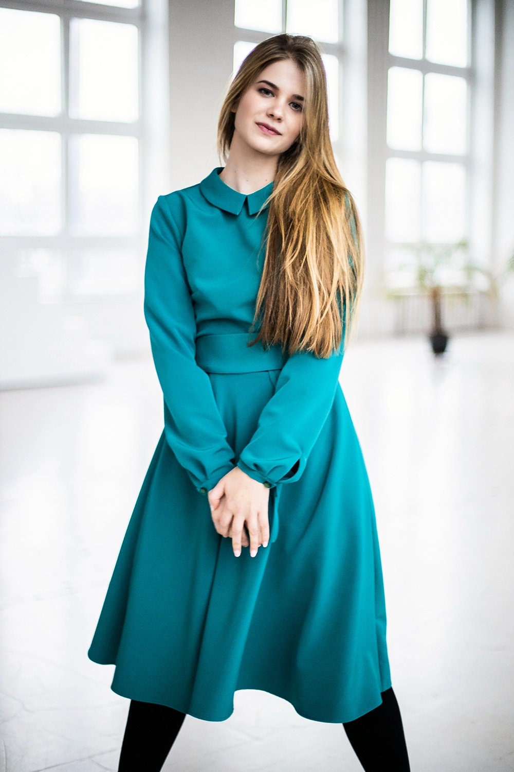 Teal Dress, Long Sleeve Dress, Flared Dress, Plus Size Clothing, Women Midi Dress, Circle Dress, Peter Pan Collar Dress, Elegant Dress Teal Dress, Long Sleeve Dress, Flared Dress, Plus Size Clothing, Women Midi Dress, Circle Dress, Peter Pan Collar Dress, Elegant Dress