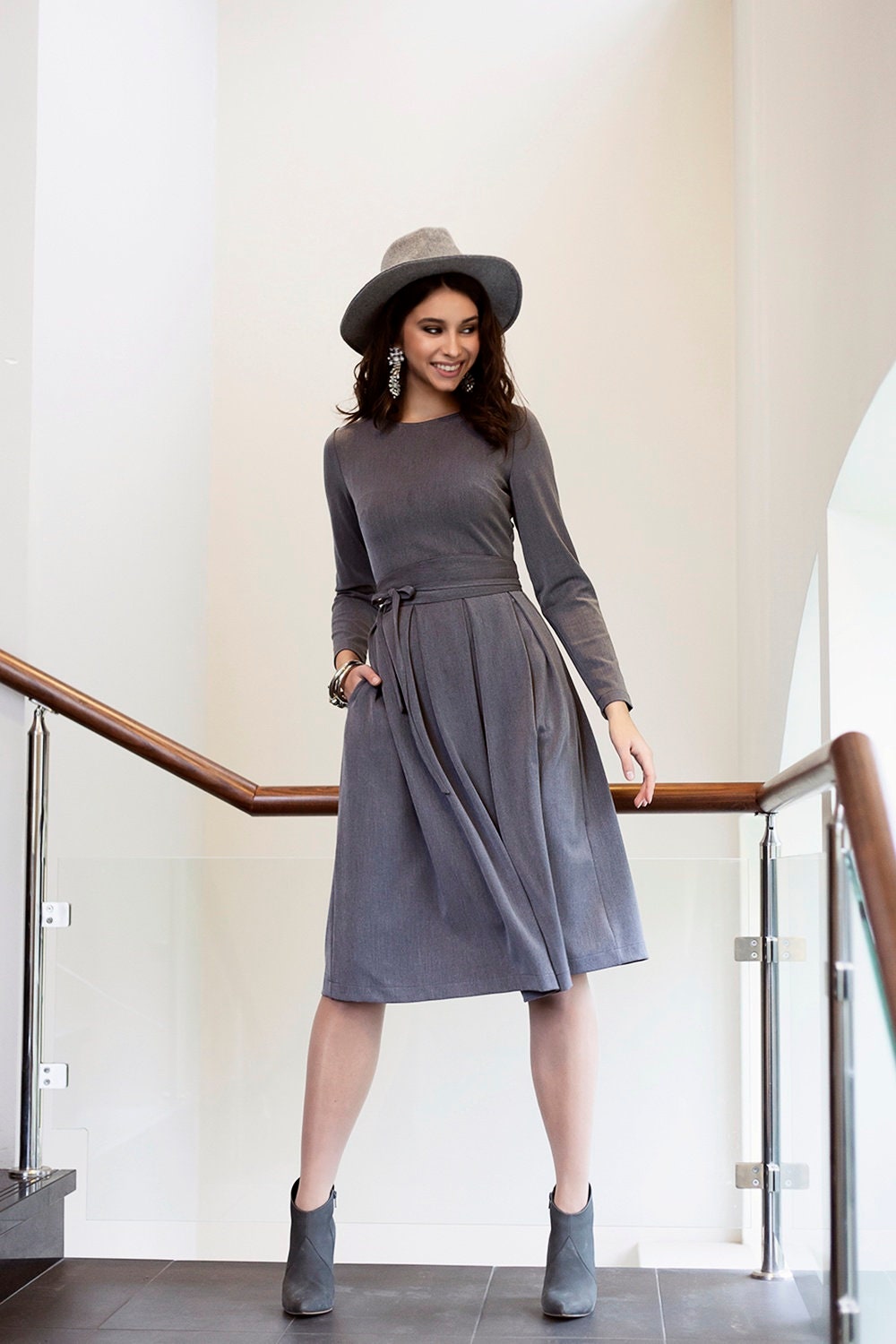 Gray Dress, Long Sleeve Dress, Casual Dress, Blouson Dress, Loose Dress, Knee Length Dress, Belted Dress, Pleated Dress, Women Midi Dress