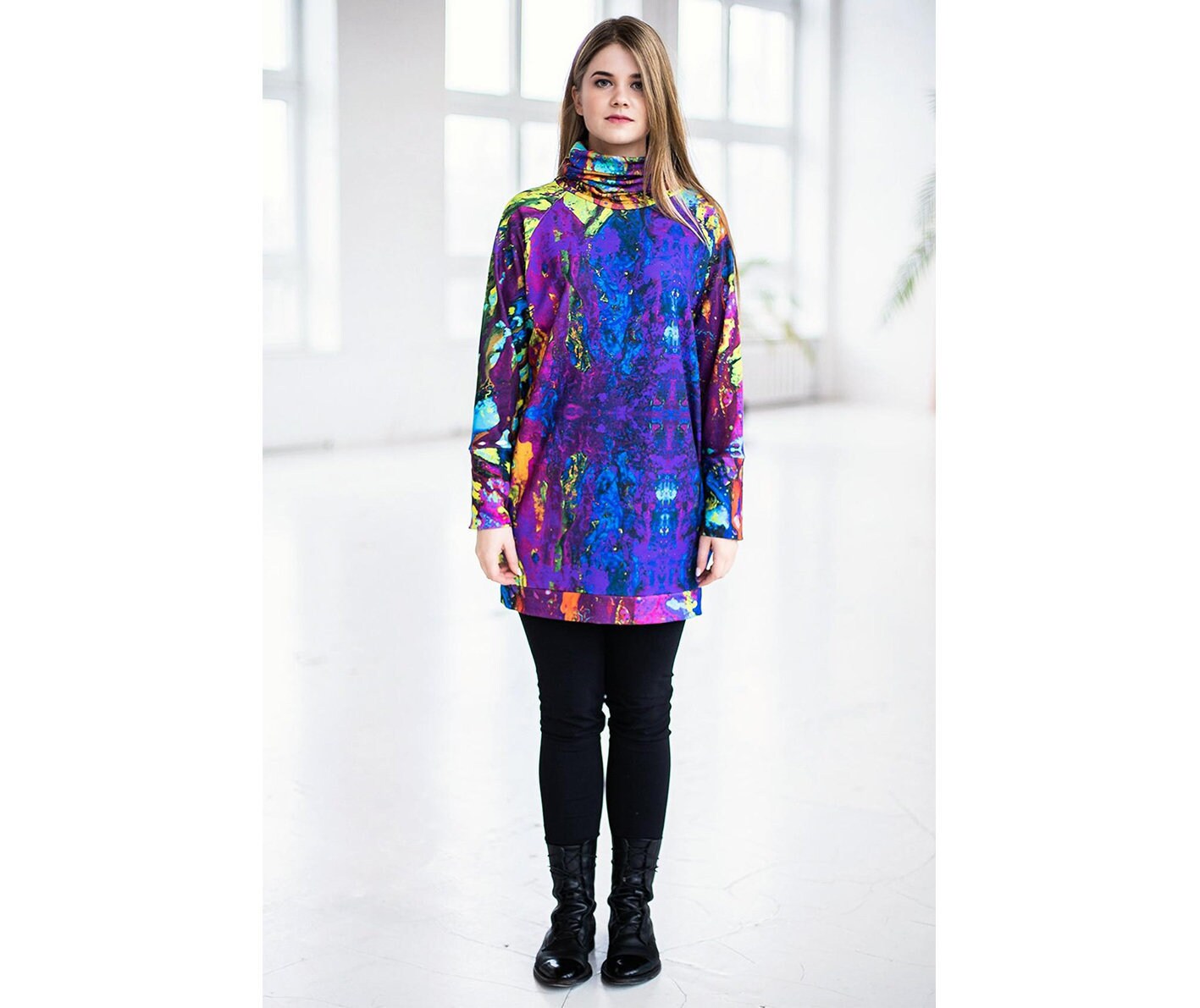Guntina Long Sleeve Dress, Colorful Jumper Dress, Turtleneck Dress, Oversized Clothing, Winter Boho Dress, Plus Size Clothing, Women Loungewear