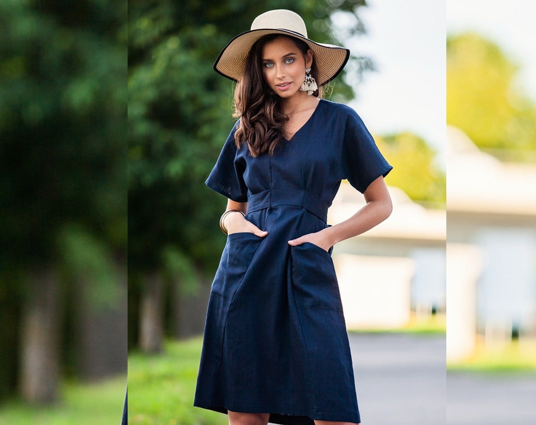 short blue linen dress Bastille Short Dress